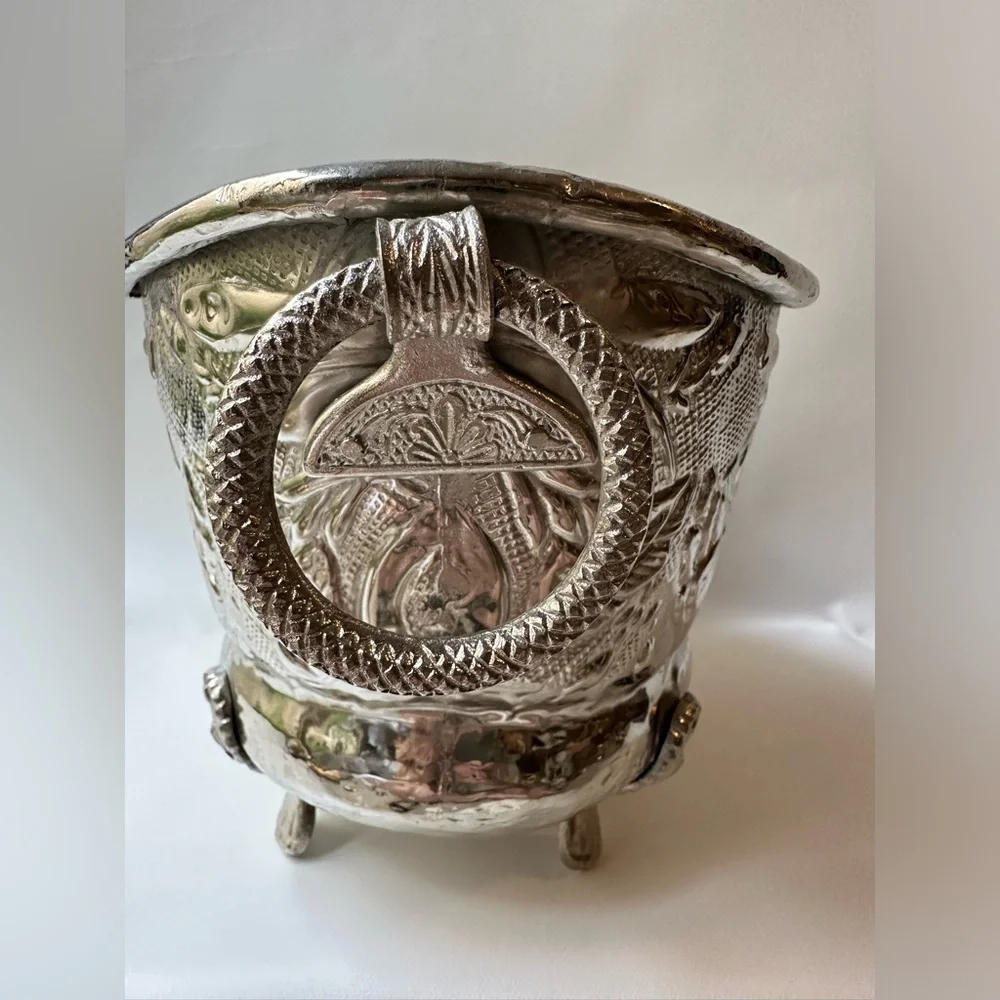 Silver Ornately Embossed Vintage Hammered Footed Planter, Bowl, Ice Bucket - Picture 5 of 7
